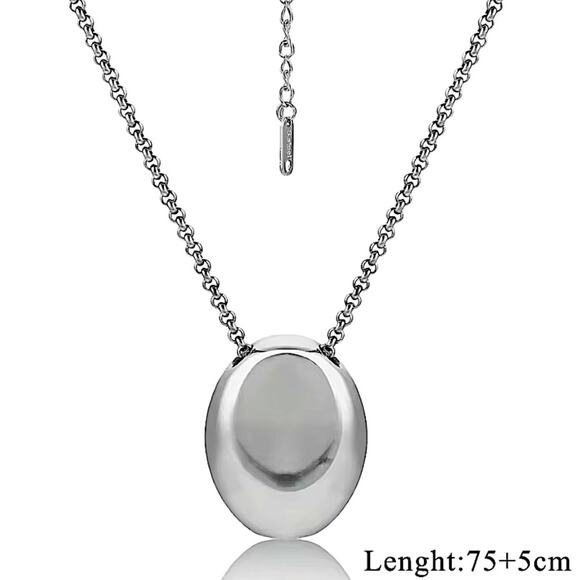 Silver Minimalist Long Oval Sweater Necklace  Stainless Steel Pendant Waterproof - Picture 5 of 9